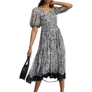 Anthropologie Smocked Square Neck Midi Dress Women's 1X | Purple Black Floral
